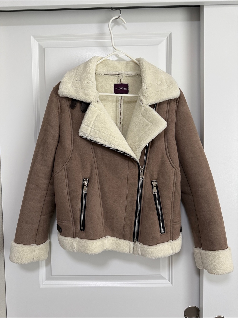 Vigoss Taupe Moto Jacket Cream Faux Shearling Trim Zip Up